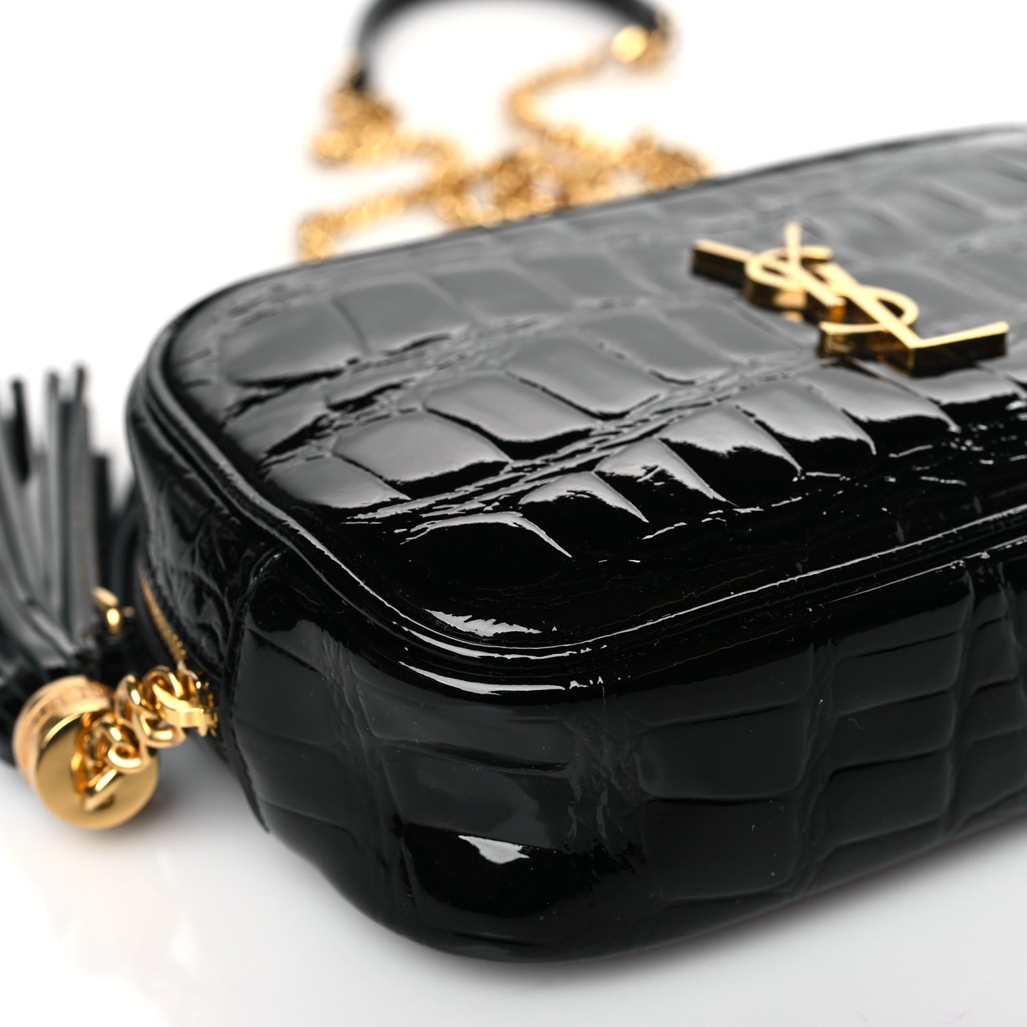 Patent Calfskin Crocodile Embossed Monogram Mini Lou Camera Bag Black