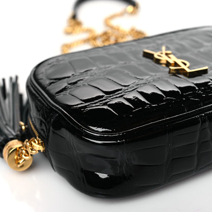 Saint Laurent Patent Calfskin Crocodile Embossed Monogram Mini Lou Camera Bag Black 8 of 9