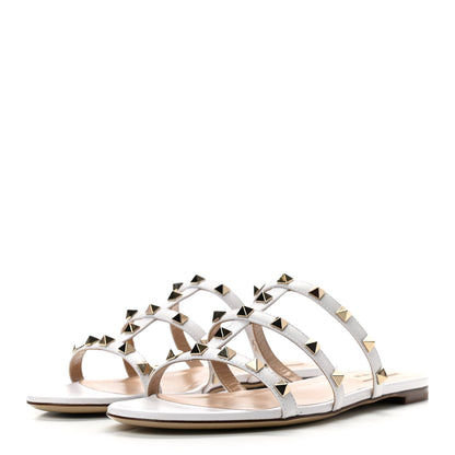 Valentino Garavani Nappa Rockstud Caged Flat Slide Sandals 38 Optic White 3 of 8