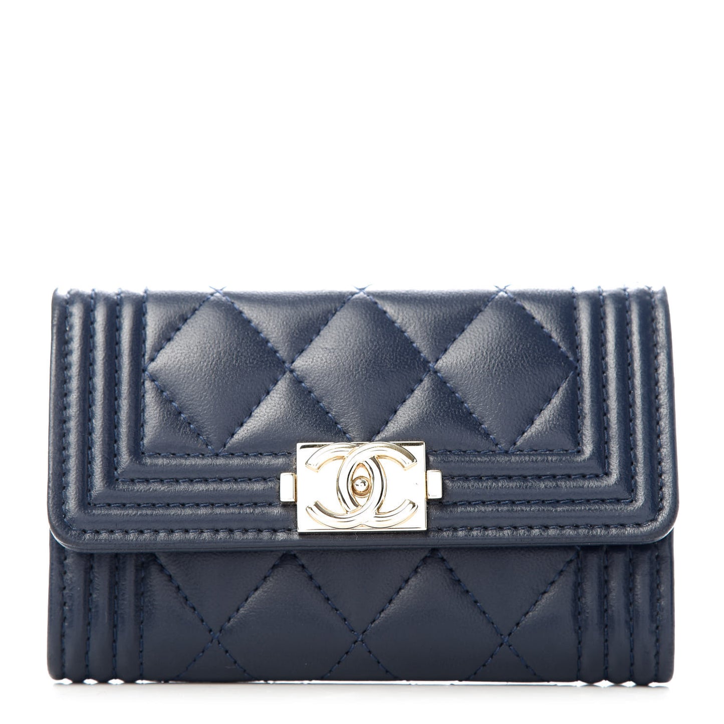 Lambskin Quilted Boy Card Holder Wallet Navy