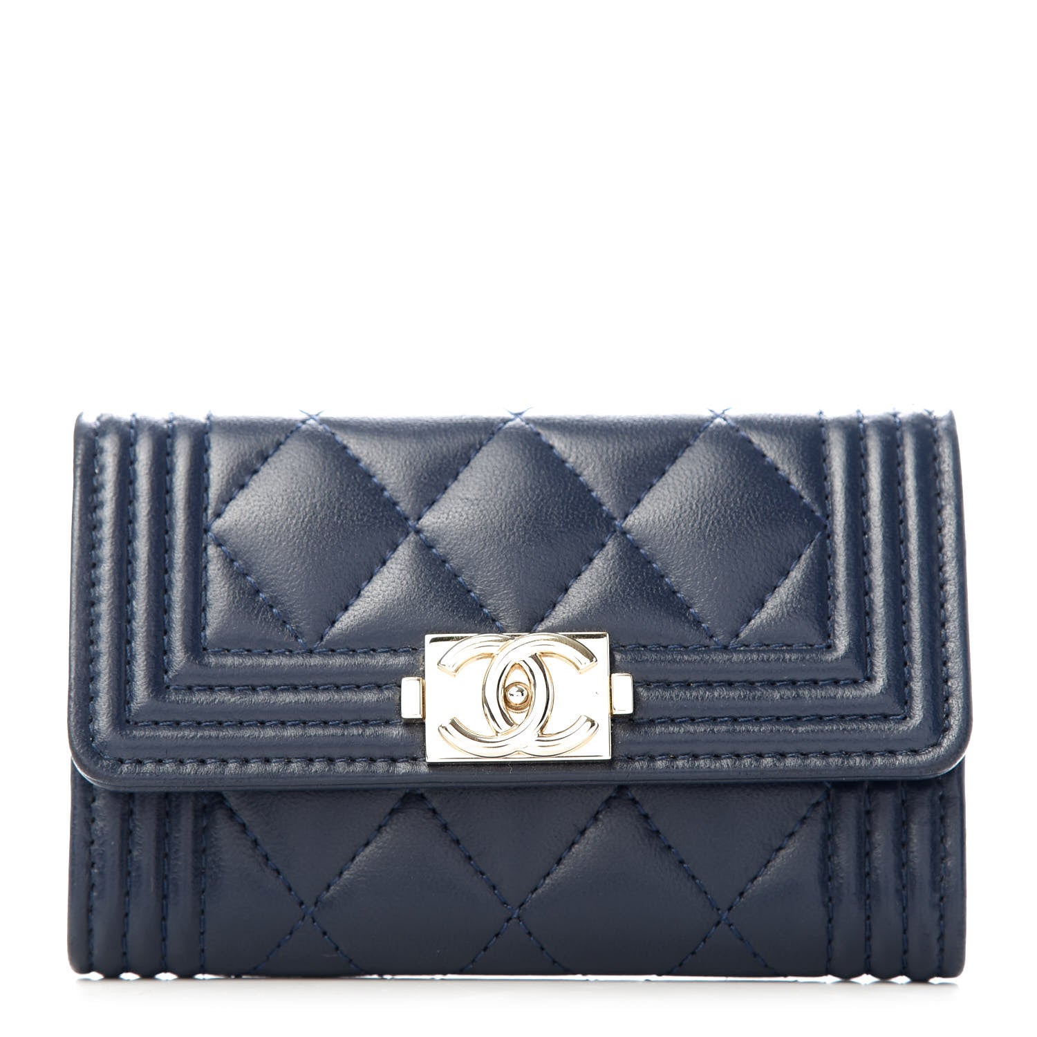 Chanel Lambskin Quilted Boy Card Holder Wallet Navy 1 of 9