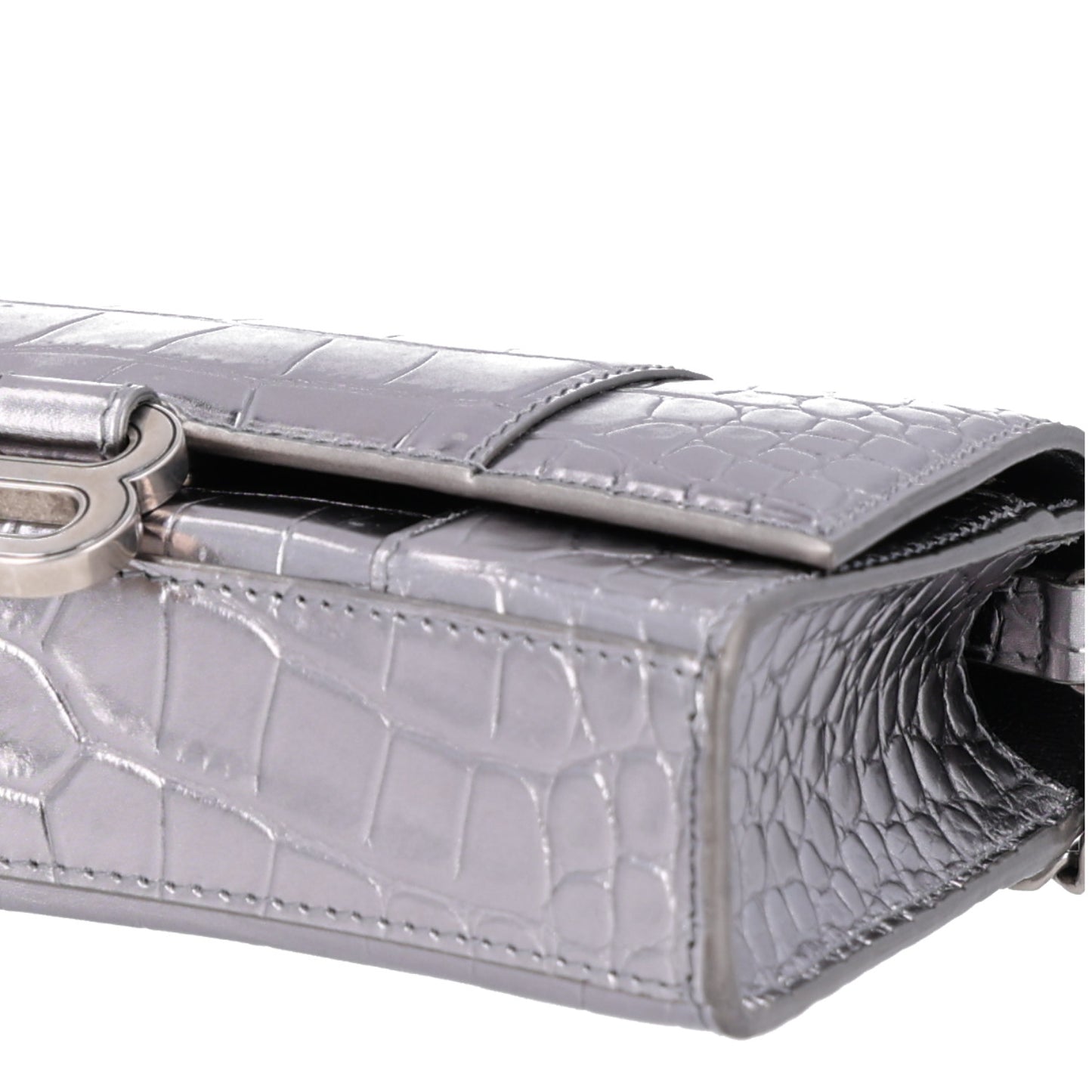 Metallic Calfskin Crocodile Embossed Hourglass Chain Bag Silver