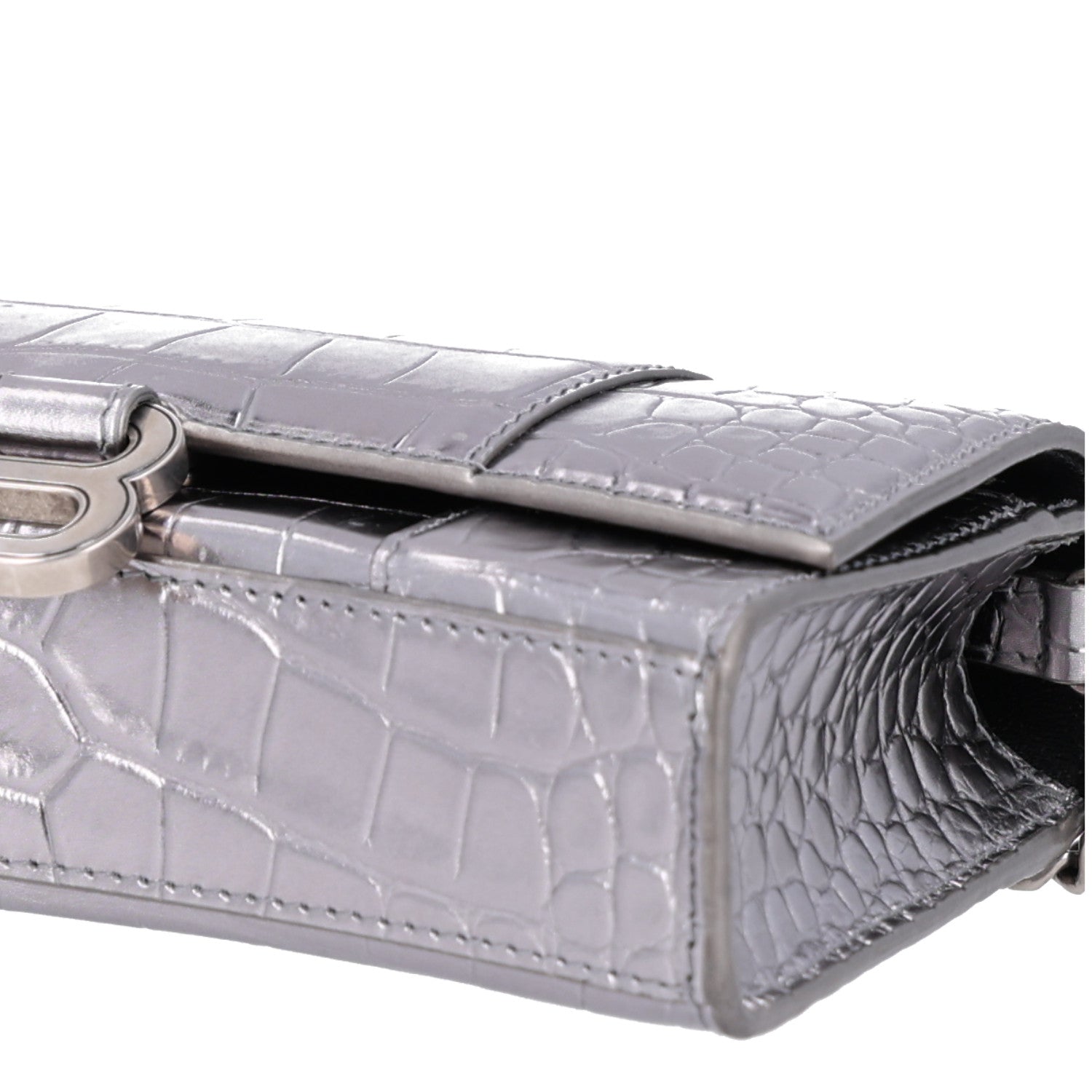 Balenciaga Metallic Calfskin Crocodile Embossed Hourglass Chain Bag Silver 9 of 9