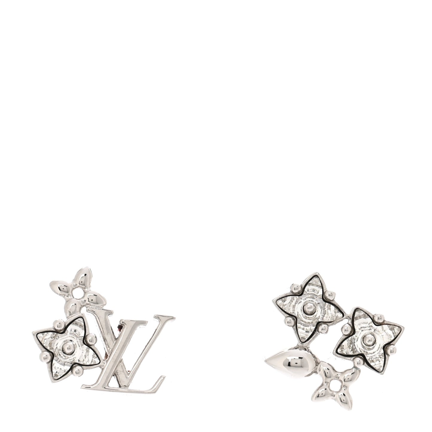 Metal Crystal LV Flower Earrings Silver