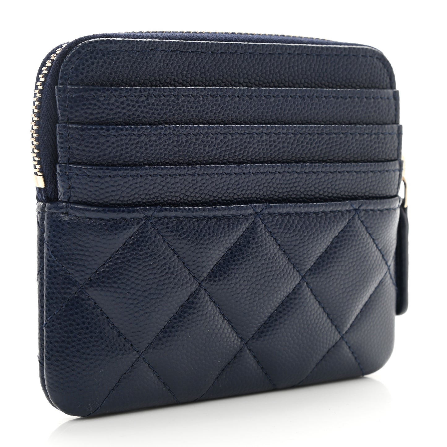Caviar Quilted Crystal Zip Card Holder Wallet Navy