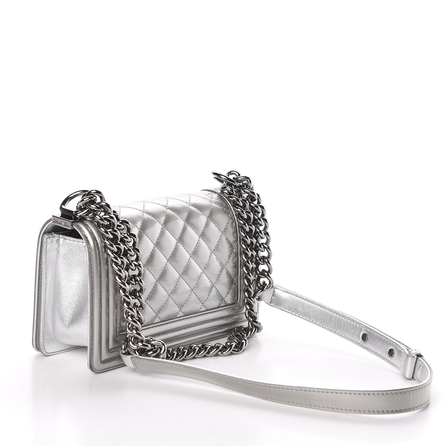 Metallic Patent Calfskin Quilted Small Boy Flap Silver