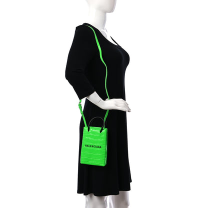 Balenciaga Shiny Calfskin Crocodile Embossed Logo Shopping Phone Holder Bag Fluo Green Black 2 of 10