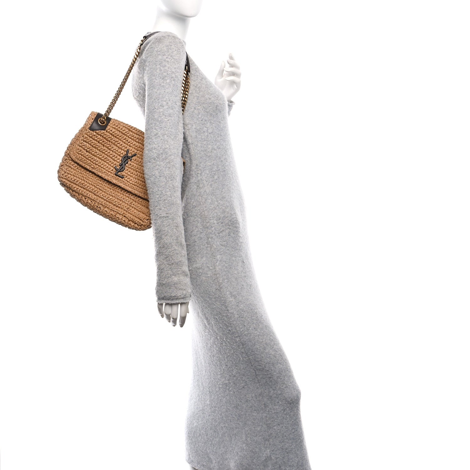 Saint Laurent Raffia Calfskin Monogram Medium Niki Chain Satchel Natural 2 of 11