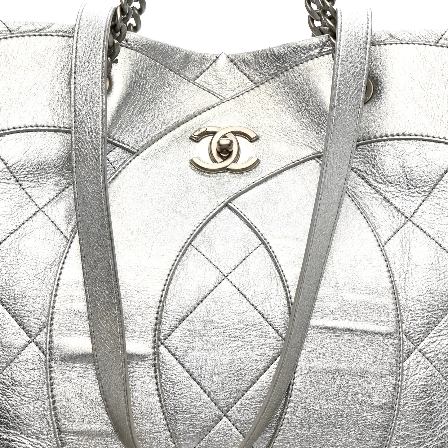 Metallic Calfskin Stitched CC Club Monaco Tote Silver