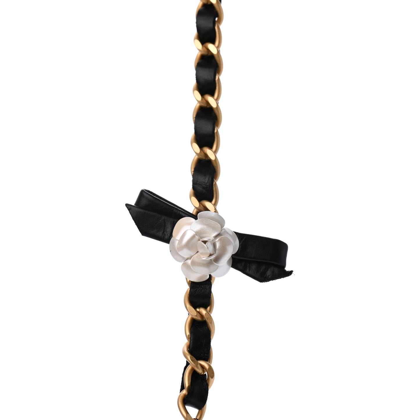 Calfskin Pearl Chain 90's Camellia Long Necklace Black Gold