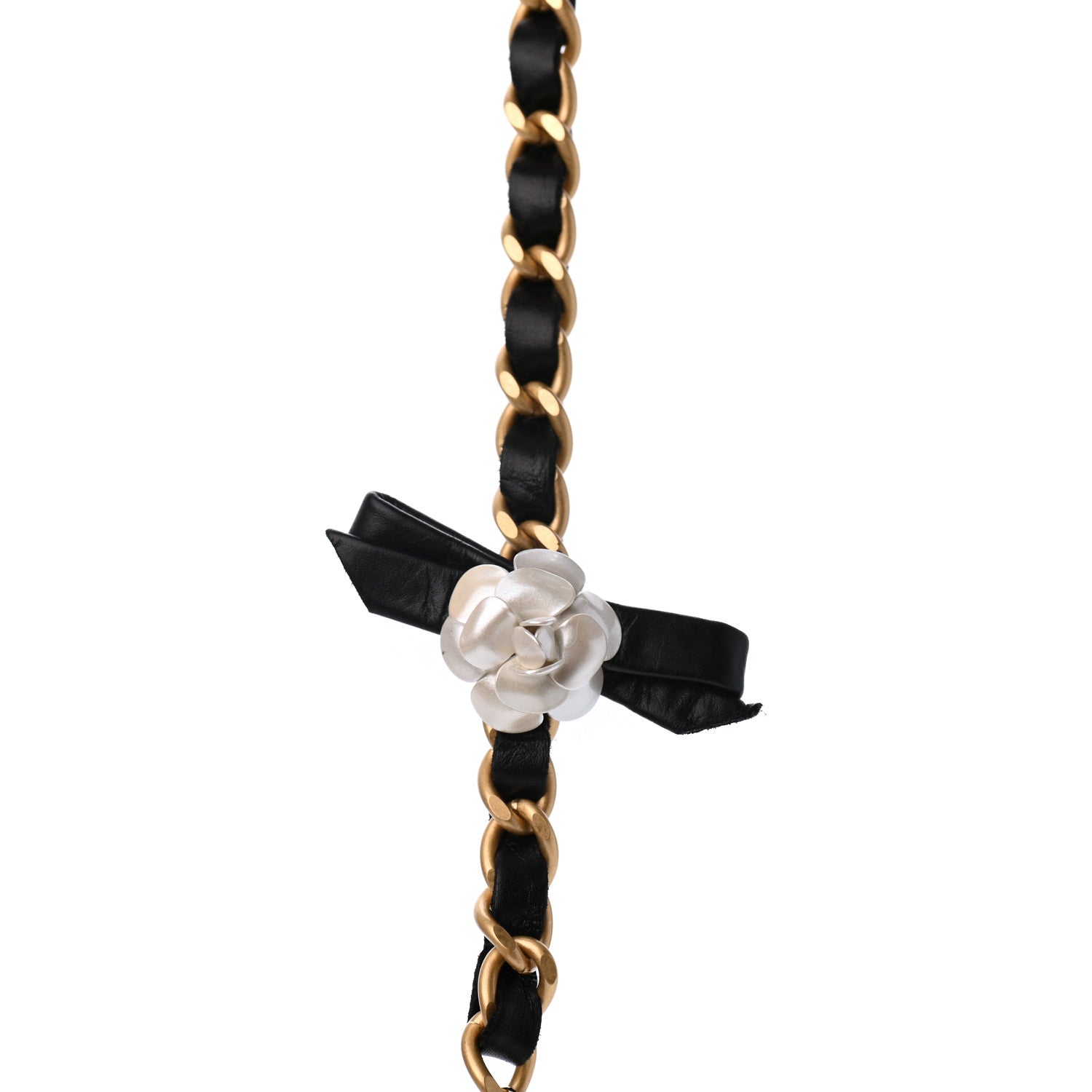 Chanel Calfskin Pearl Chain 90's Camellia Long Necklace Black Gold 2 of 5