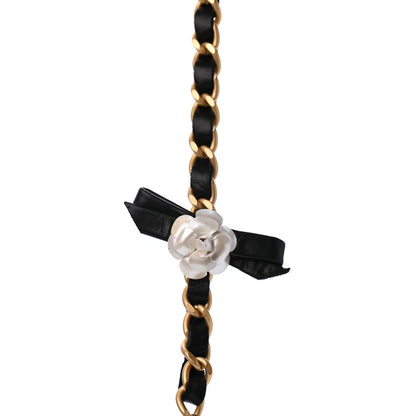 Chanel Calfskin Pearl Chain 90's Camellia Long Necklace Black Gold 2 of 5