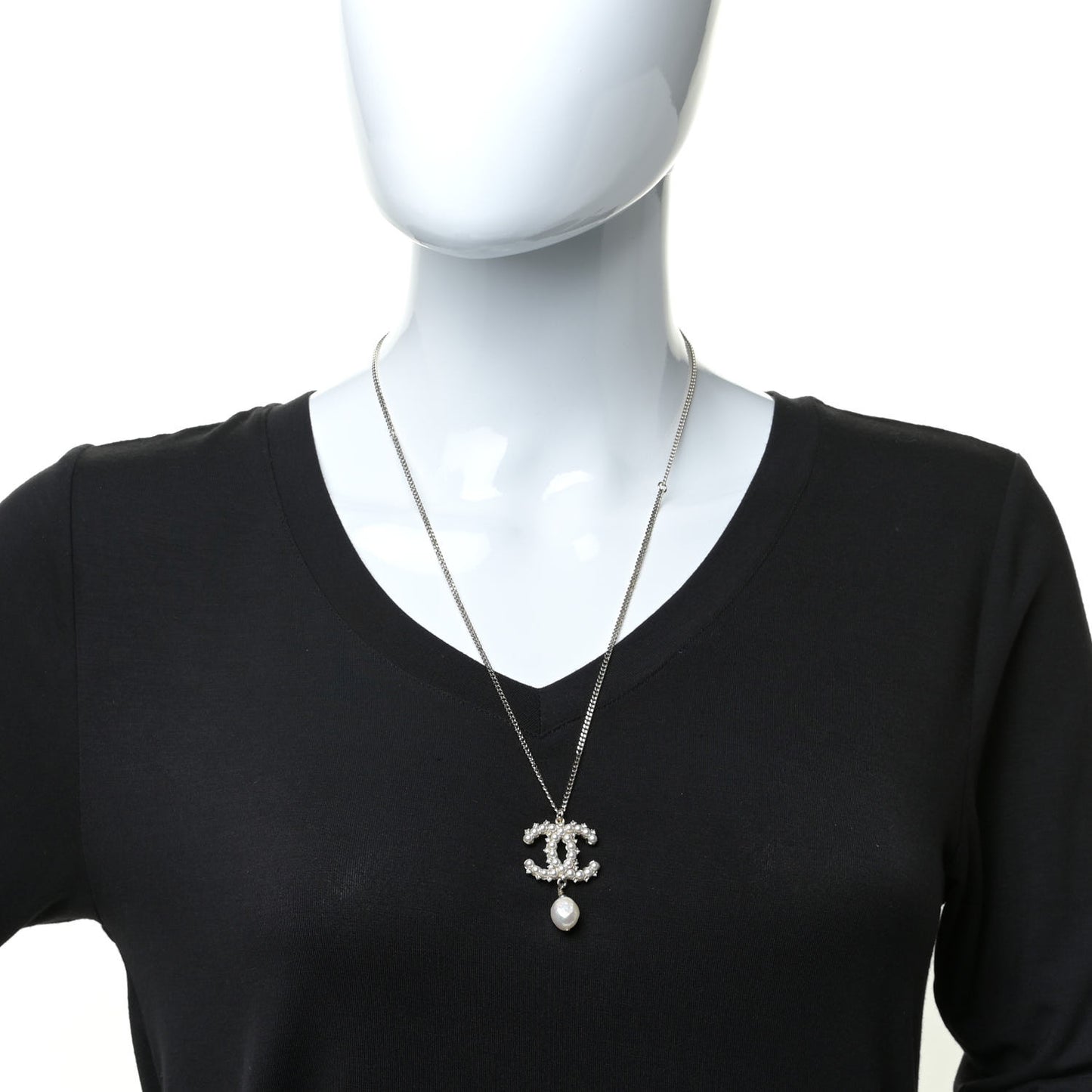 Crystal Pearl CC Drop Necklace Gold