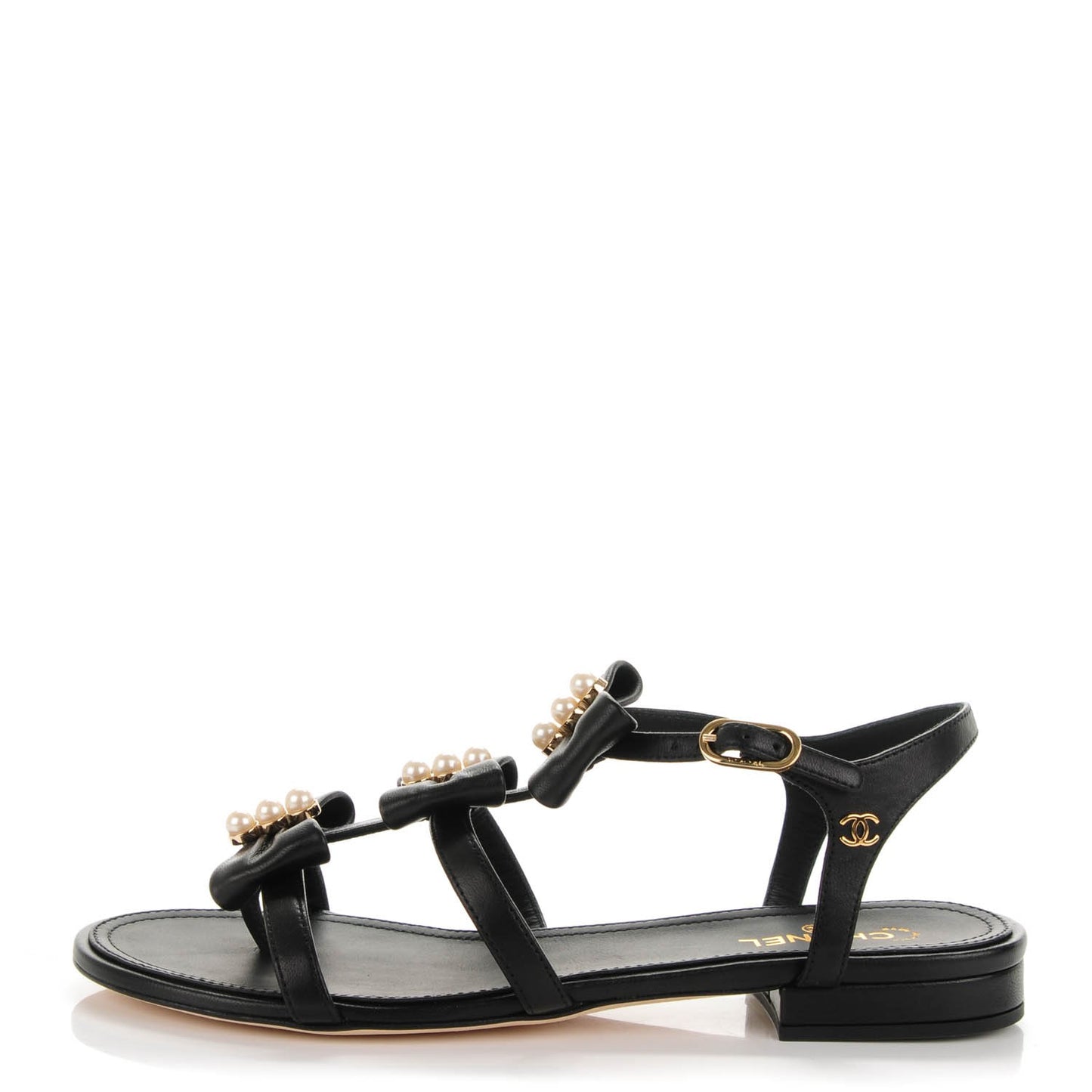 Lambskin Pearl Bow Sandals 37.5 Black