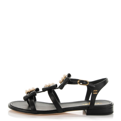 Chanel Lambskin Pearl Bow Sandals 37.5 Black 1 of 7