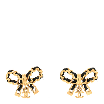Chanel Lambskin Chain Bow Stud Earrings Black Gold 1 of 5