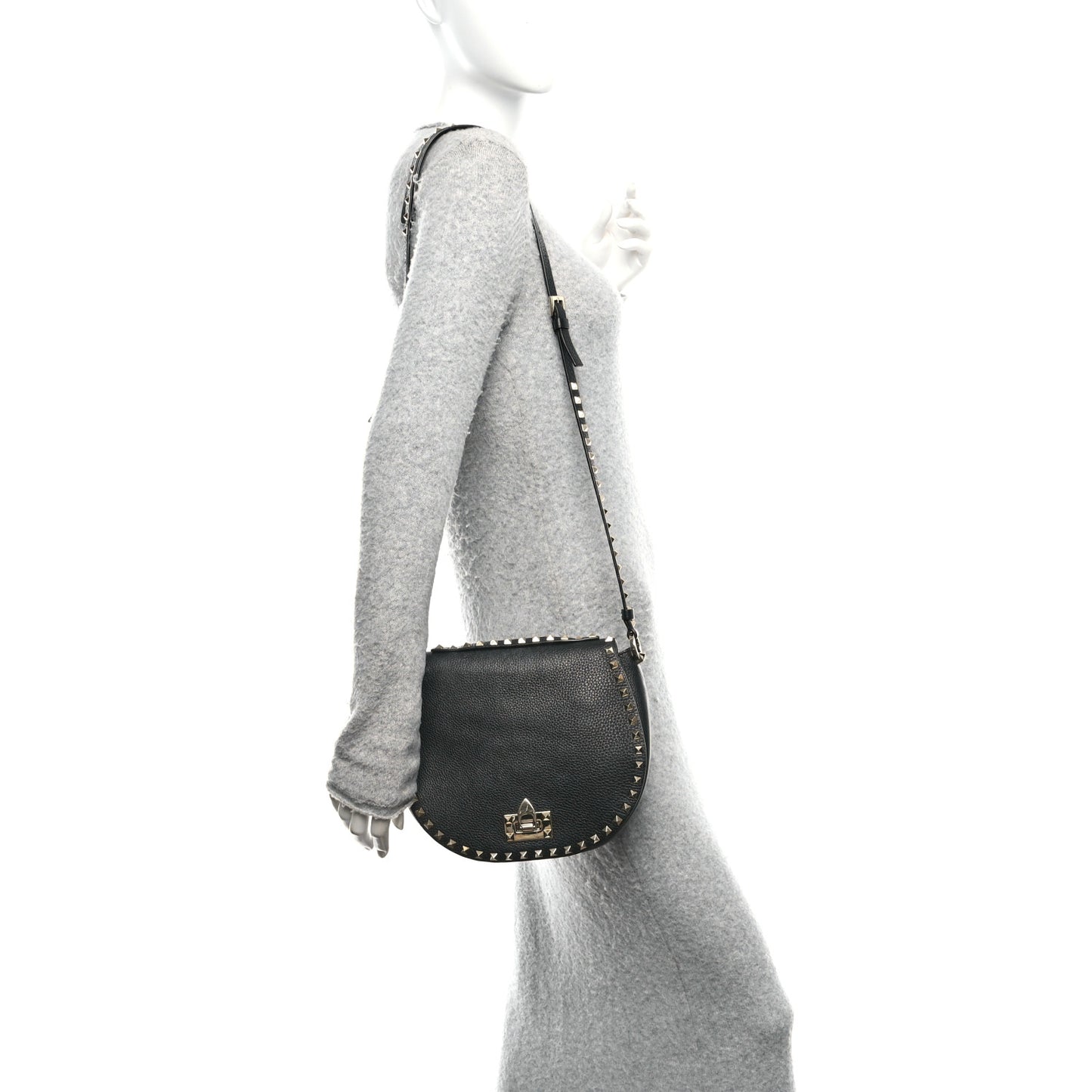 Pebbled Calfskin Rockstud Crossbody Saddle Bag Black