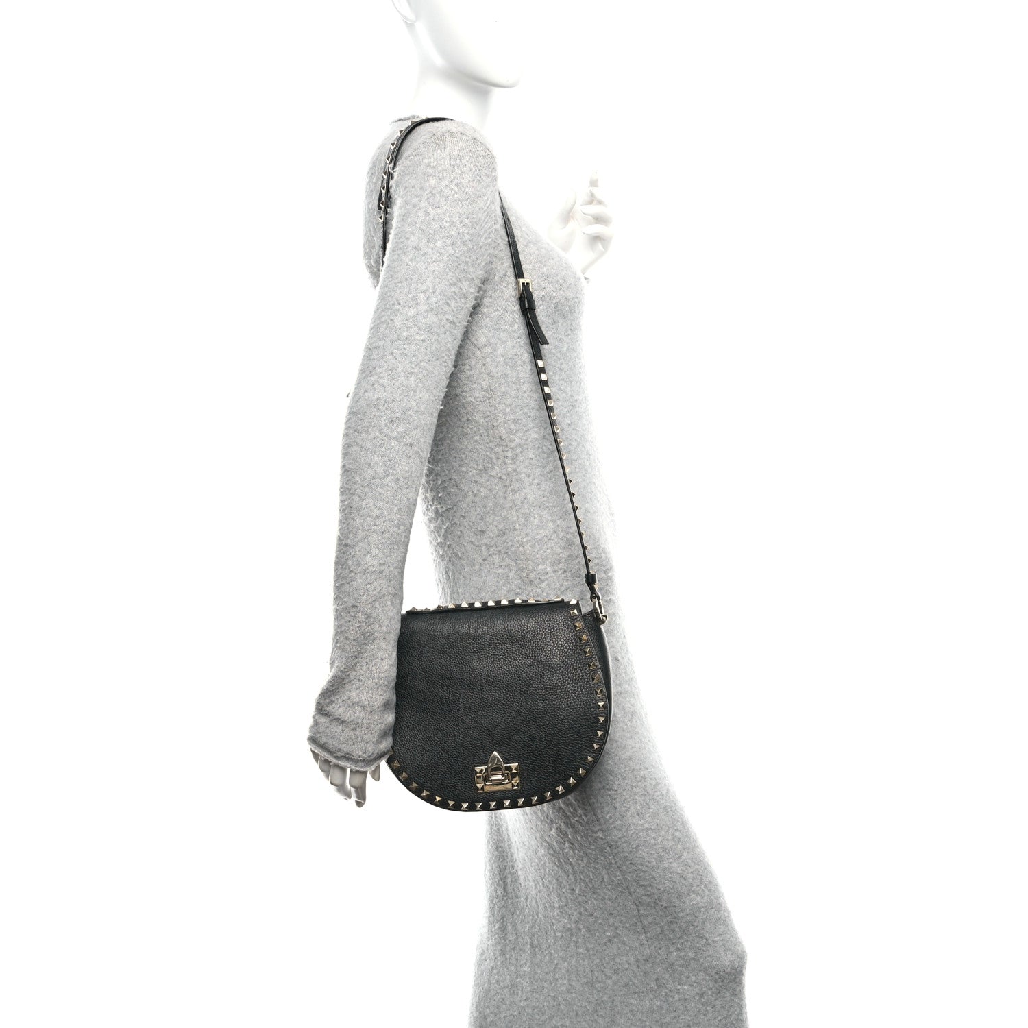 Valentino Garavani Pebbled Calfskin Rockstud Crossbody Saddle Bag Black 2 of 9