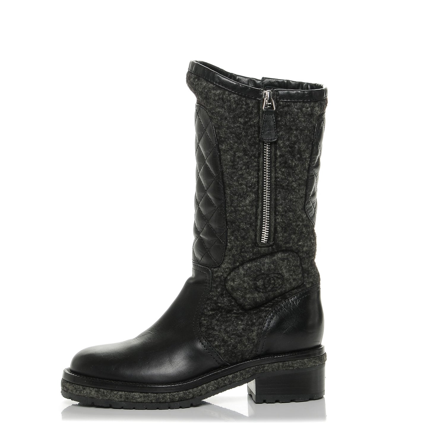 Wool Calfskin Quilted Biker Boots 36.5 Black