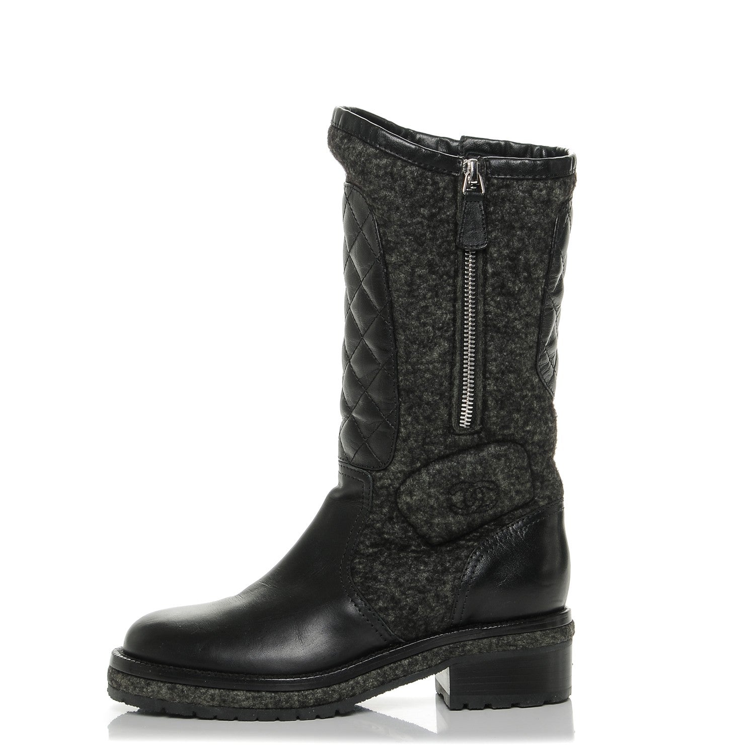 Chanel Wool Calfskin Quilted Biker Boots 36.5 Black 1 of 7