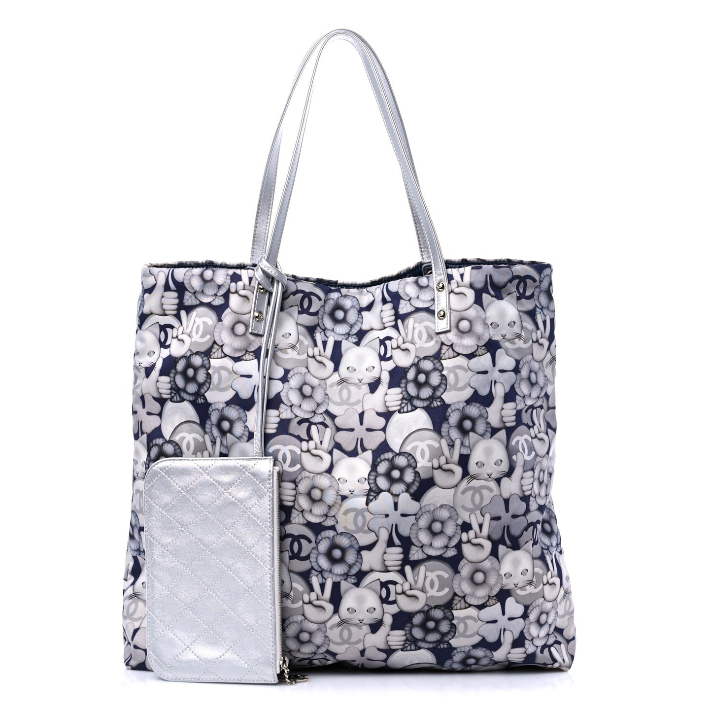 Nylon Cat Emoticon Tote Navy Silver
