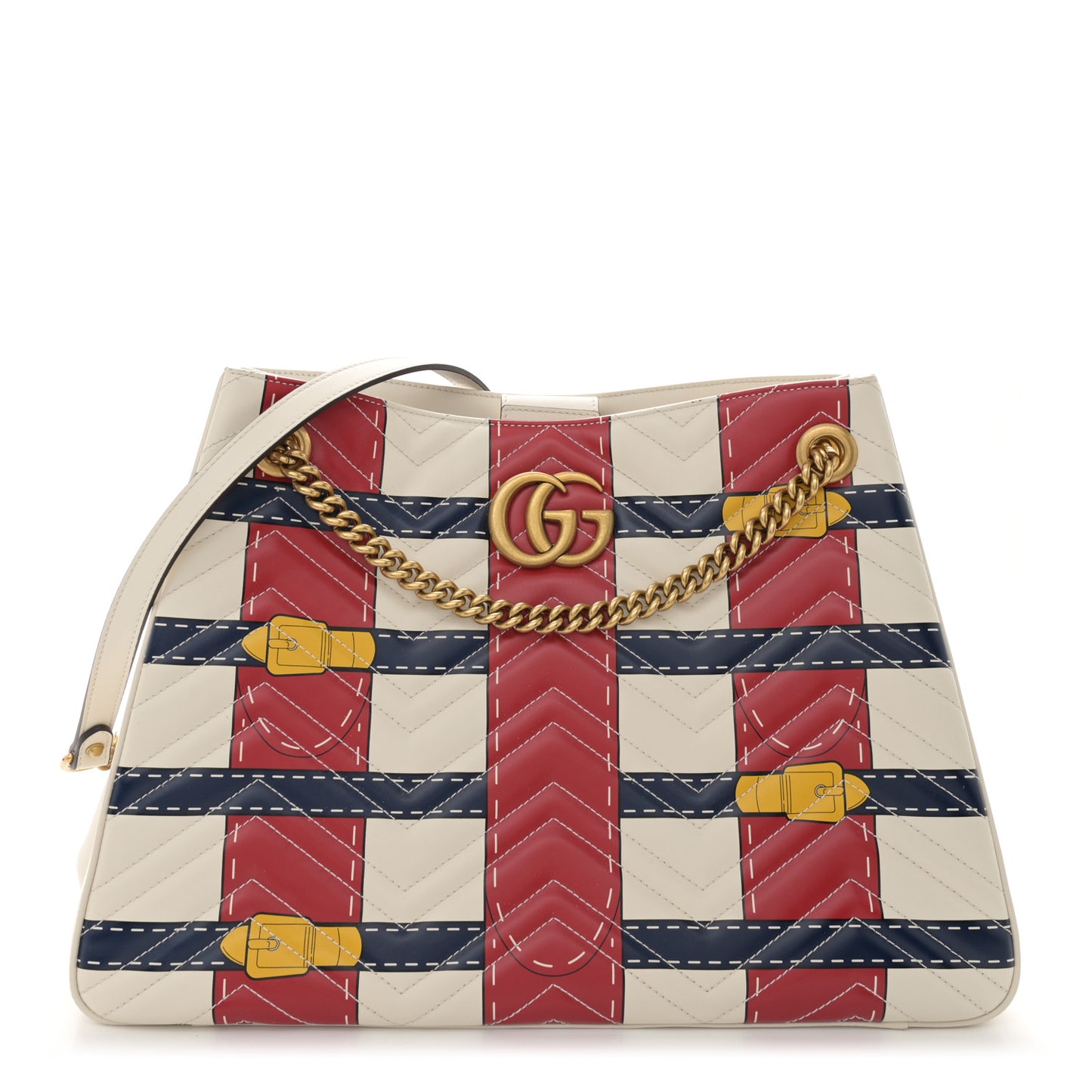 Calfskin Matelasse Trompe L'Oeil Print Medium GG Marmont Shoulder Tote Mystic White Hibiscus Red Marine Giallo
