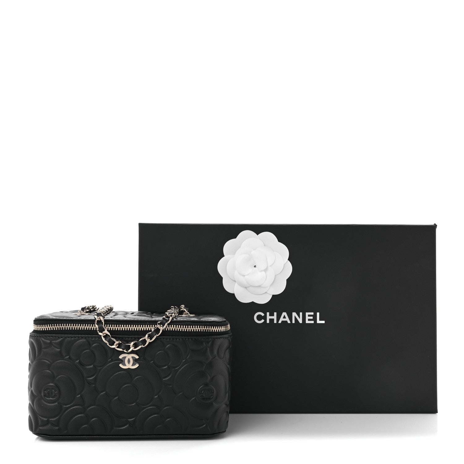 Chanel Lambskin Camellia Embossed Small Vanity Case With Chain Black 9 of 9