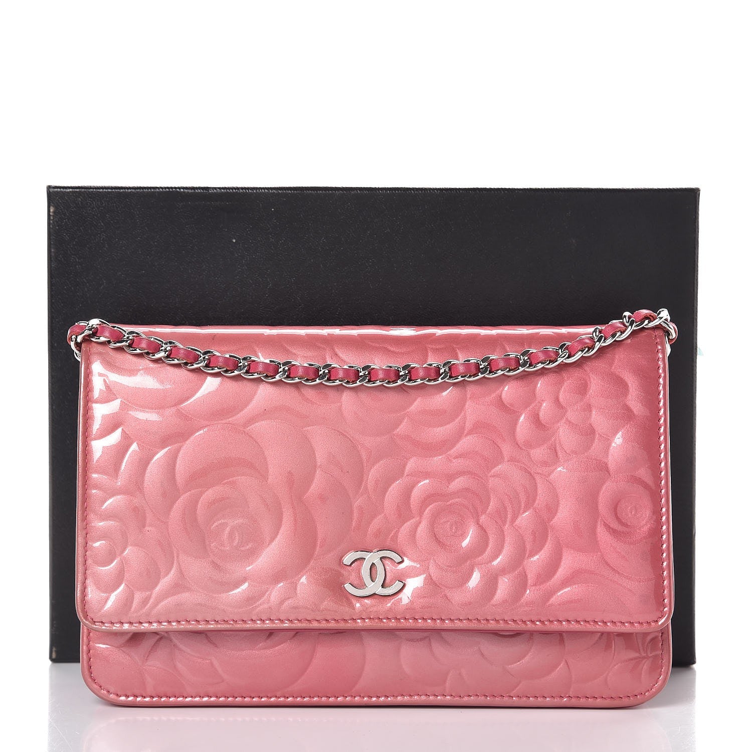 Chanel Patent Camellia Embossed Wallet on Chain WOC Rose 11 of 11