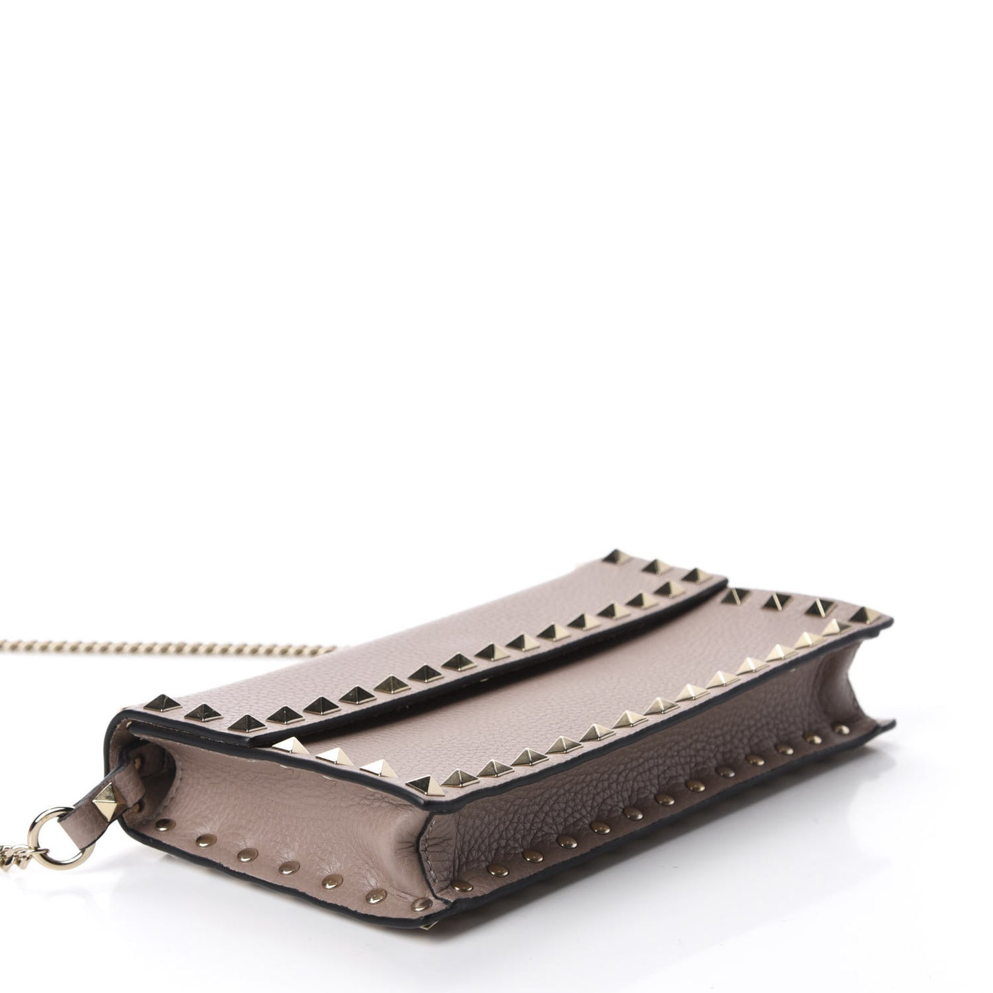 Pebbled Calfskin Rockstud Flap Wallet On Chain Poudre