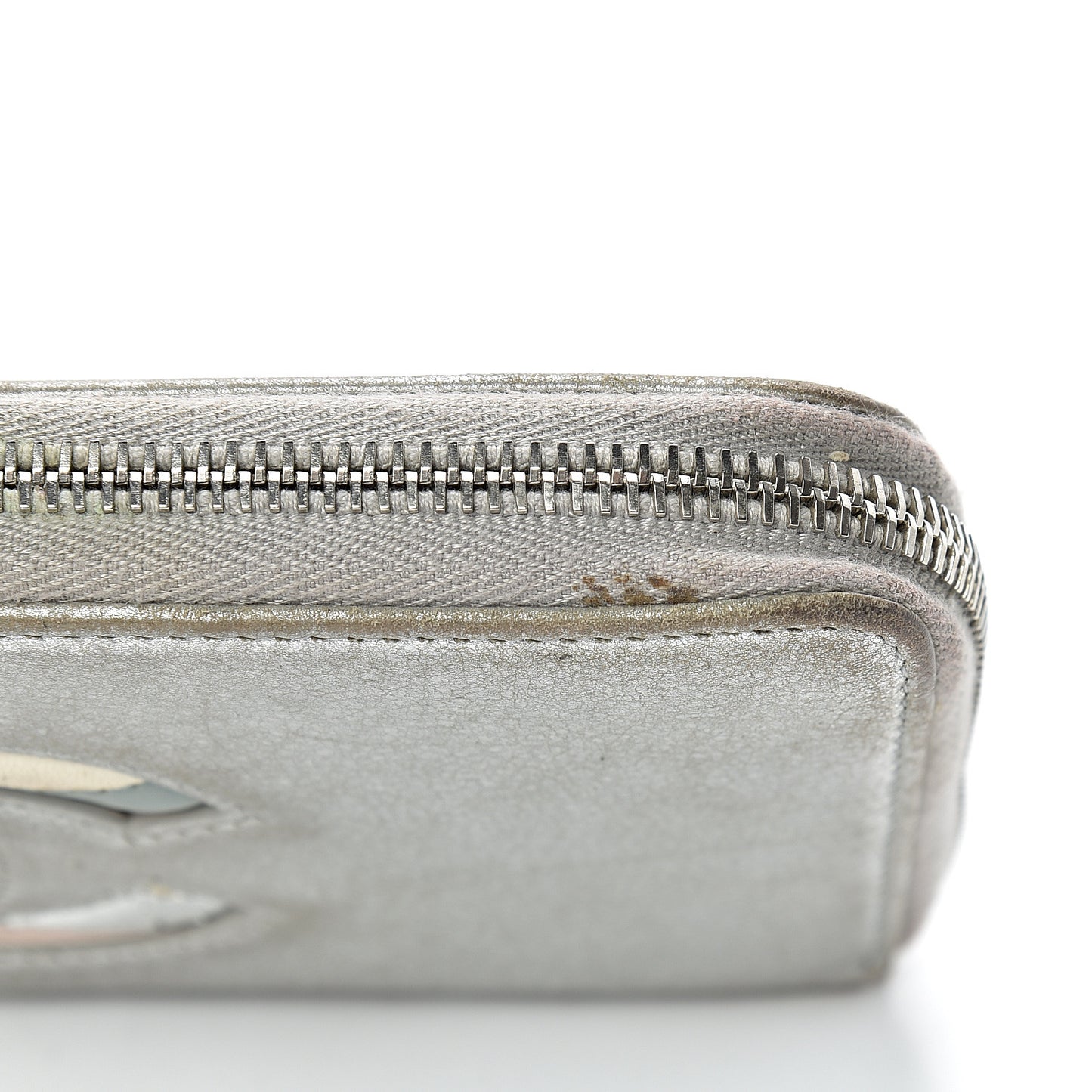 Metallic Calfskin Large Zip Around Wallet Silver