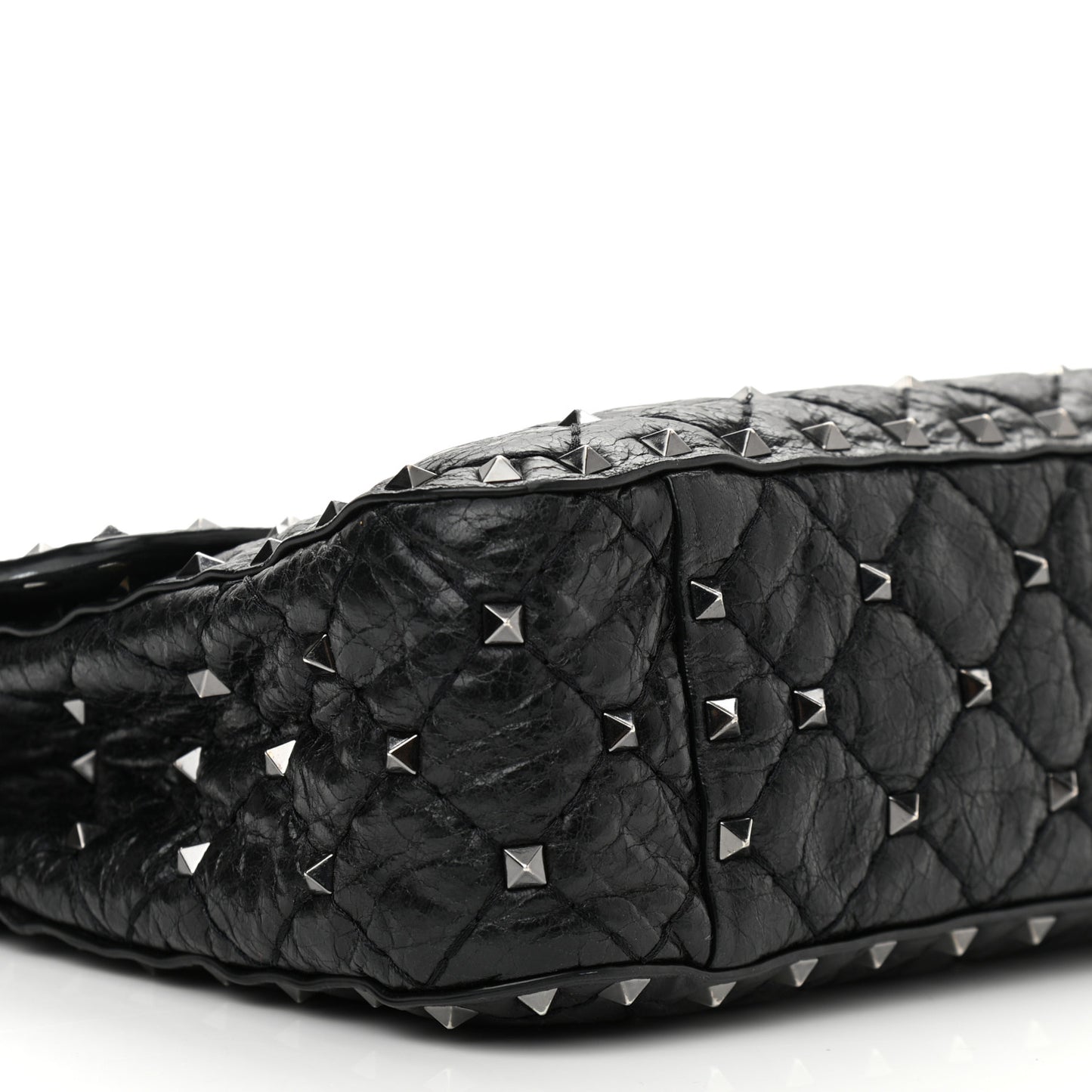 Craquele Nappa Medium Rockstud Spike Shoulder Bag Black