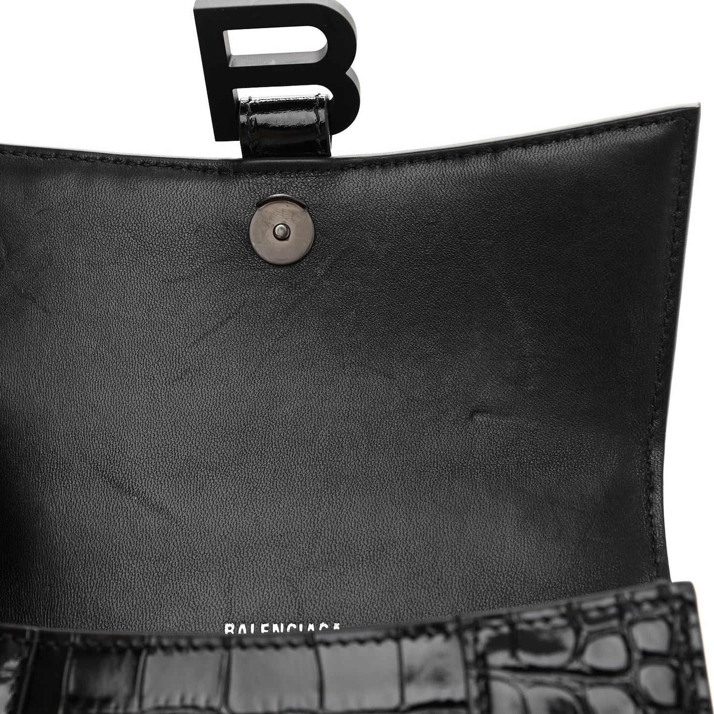 Shiny Calfskin Monochrome Crocodile Embossed Hourglass Top Handle Bag XS Black