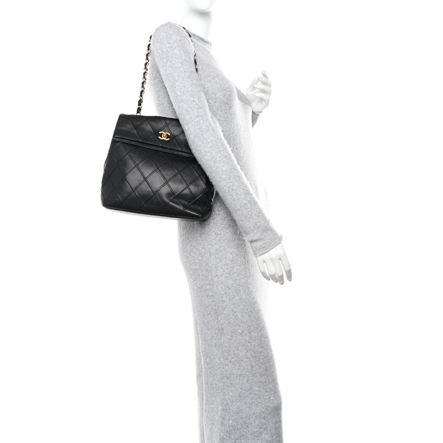 Caviar Stitched Fold Over Shoulder Bag Black