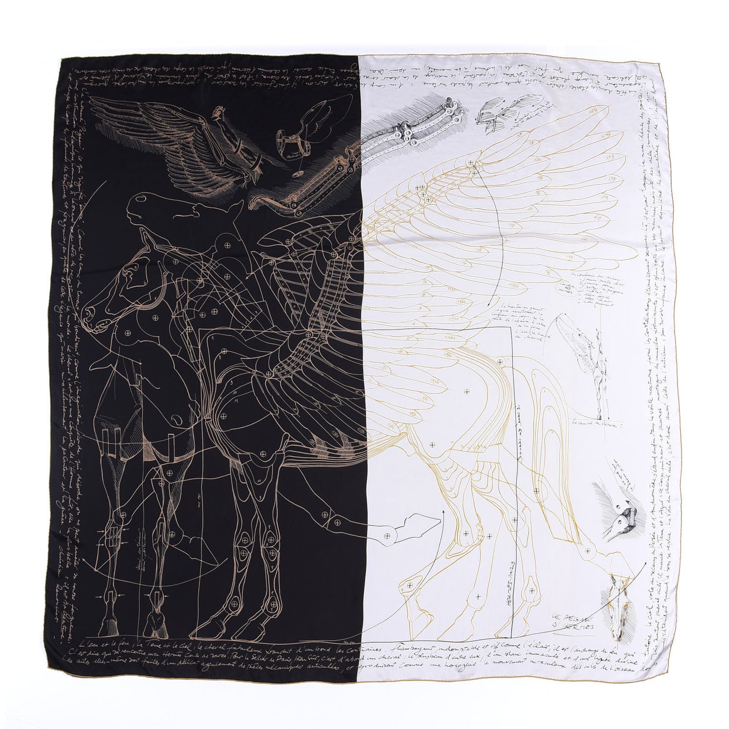 Silk Twill Le Pegase D Hermes Giant Scarf 140 Black White Or