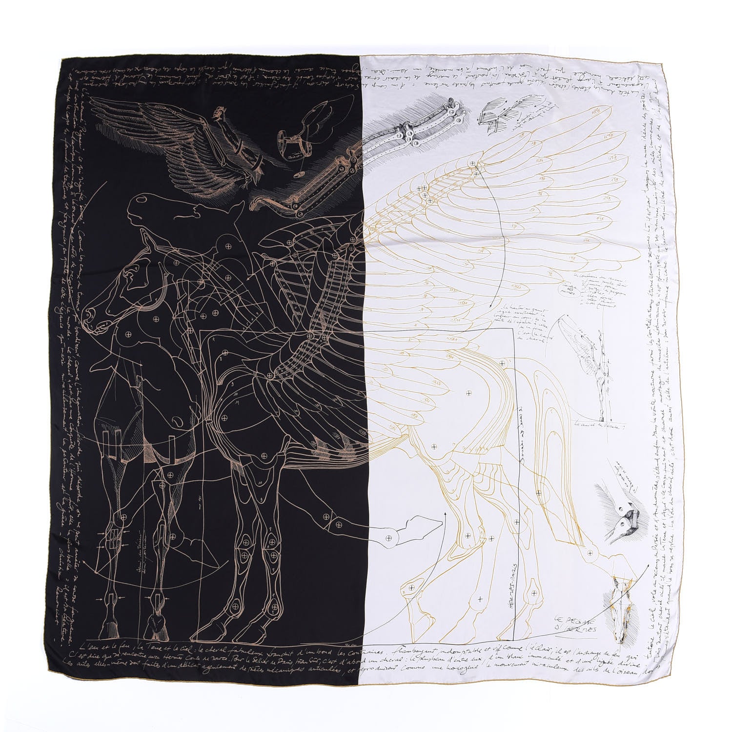 Hermes Silk Twill Le Pegase D Hermes Giant Scarf 140 Black White Or 1 of 4