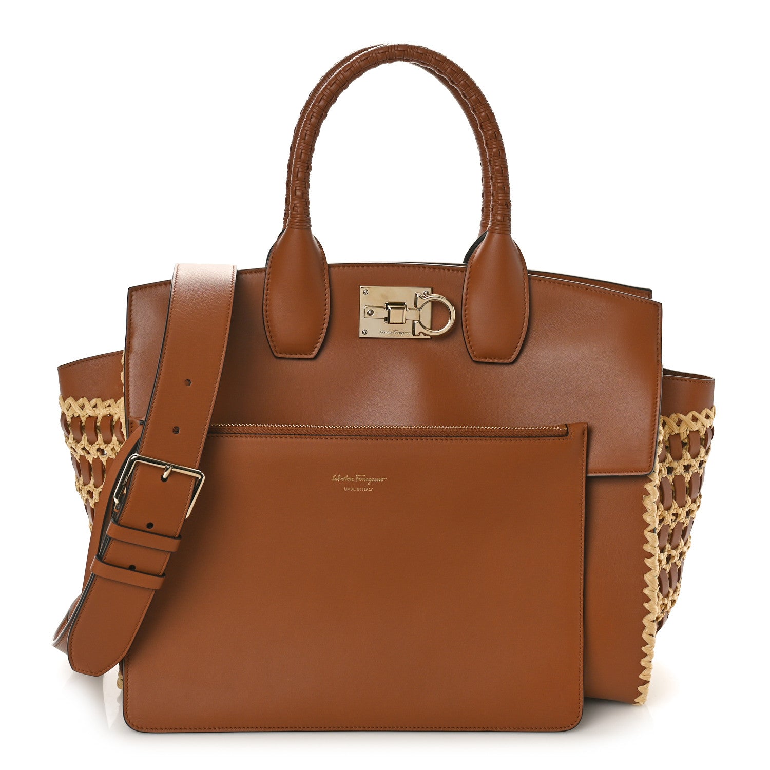Salvatore Ferragamo Calfskin Raffia Woven Large The Studio Bag Sella 3 of 11
