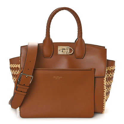 Salvatore Ferragamo Calfskin Raffia Woven Large The Studio Bag Sella 3 of 11