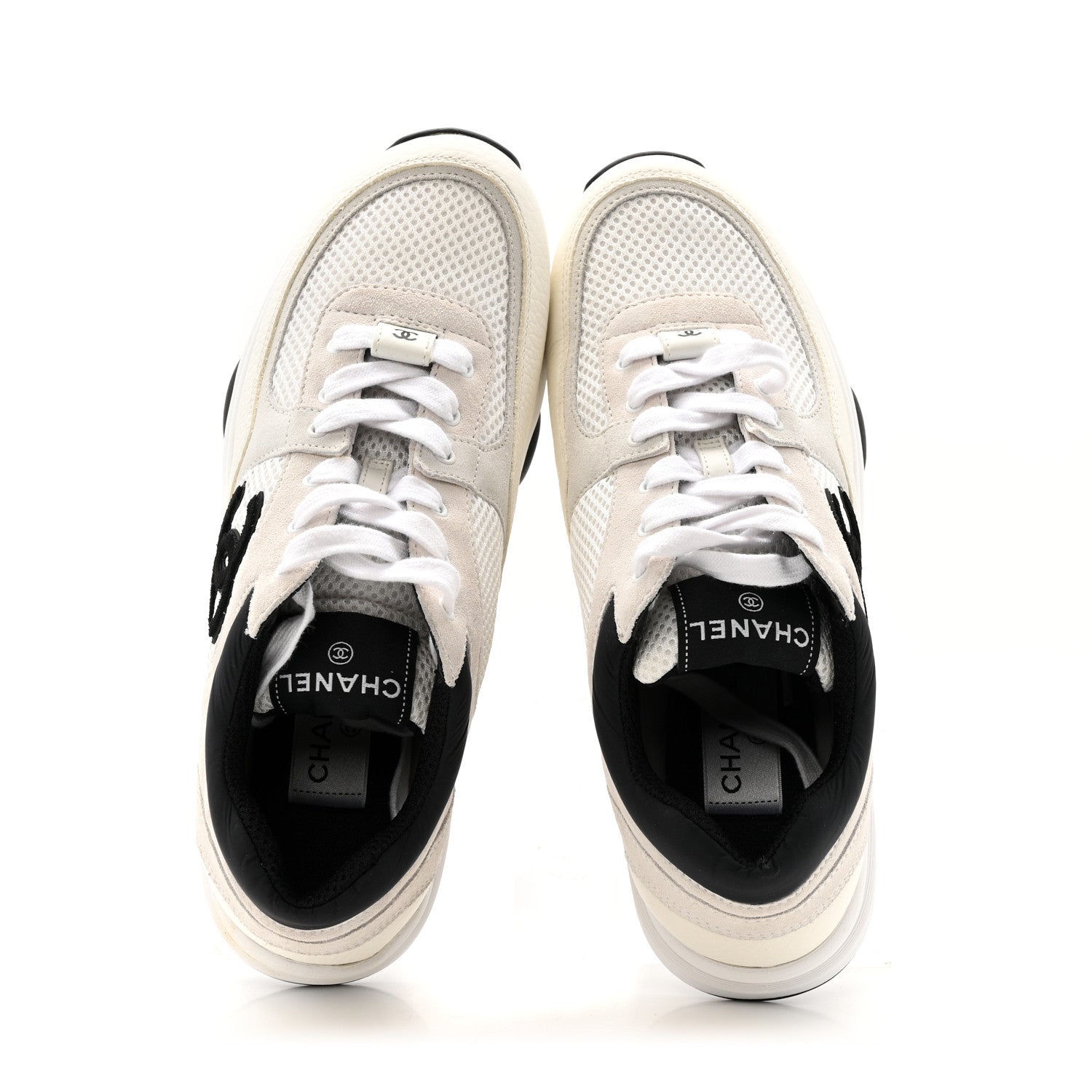 Chanel Mesh Suede Calfskin Grained Calfskin Womens CC Sneakers 39.5 White Black 5 of 13