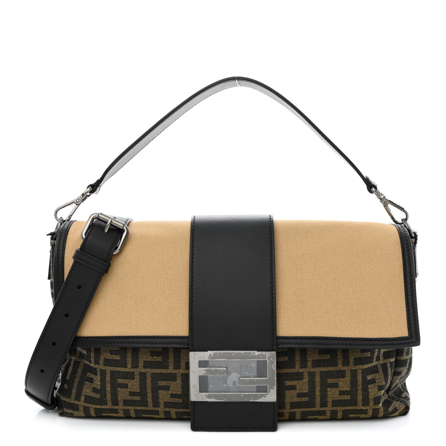 Recycled Fabric Jacquard Cotton Canvas Vitello Grace FF 1974 Large Convertible Baguette Tobacco Moro Black Beige