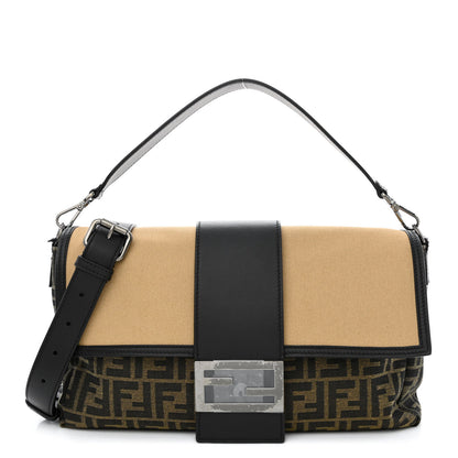 Fendi Recycled Fabric Jacquard Cotton Canvas Vitello Grace FF 1974 Large Convertible Baguette Tobacco Moro Black Beige 1 of 10