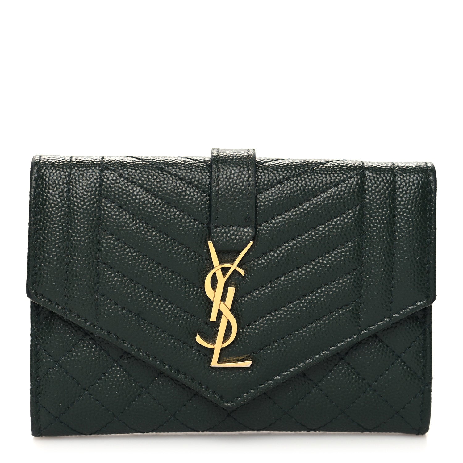 Saint Laurent Grain De Poudre Mixed Matelasse Triquilt Monogram Compact Tri Fold Wallet Dark Green 1 of 9
