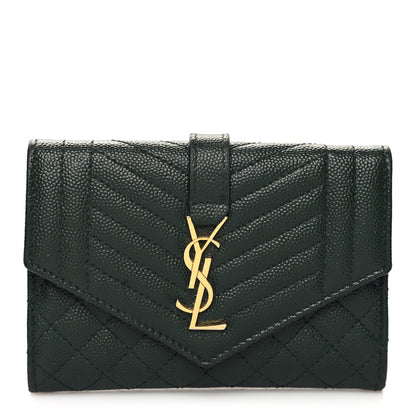 Saint Laurent Grain De Poudre Mixed Matelasse Triquilt Monogram Compact Tri Fold Wallet Dark Green 1 of 9
