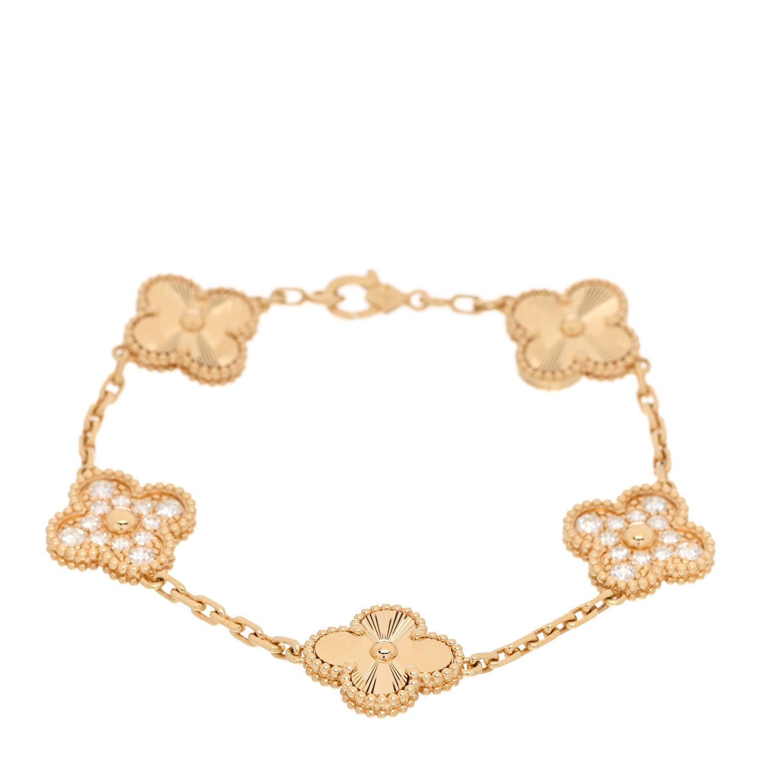 Van Cleef & Arpels 18K Yellow Gold Diamond 5 Motifs Guilloche Vintage Alhambra Bracelet 1 of 7