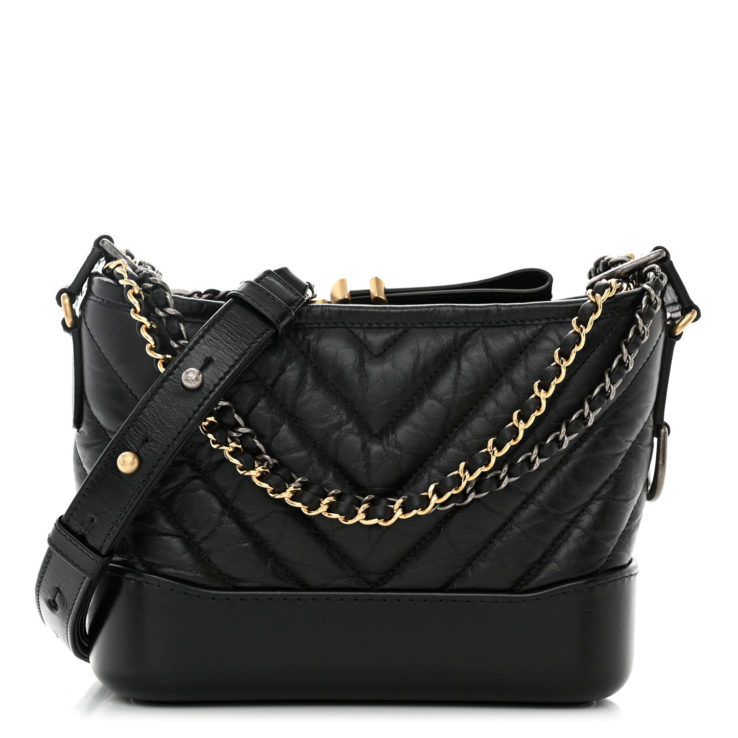 Aged Calfskin Chevron Quilted Small Gabrielle Hobo Black