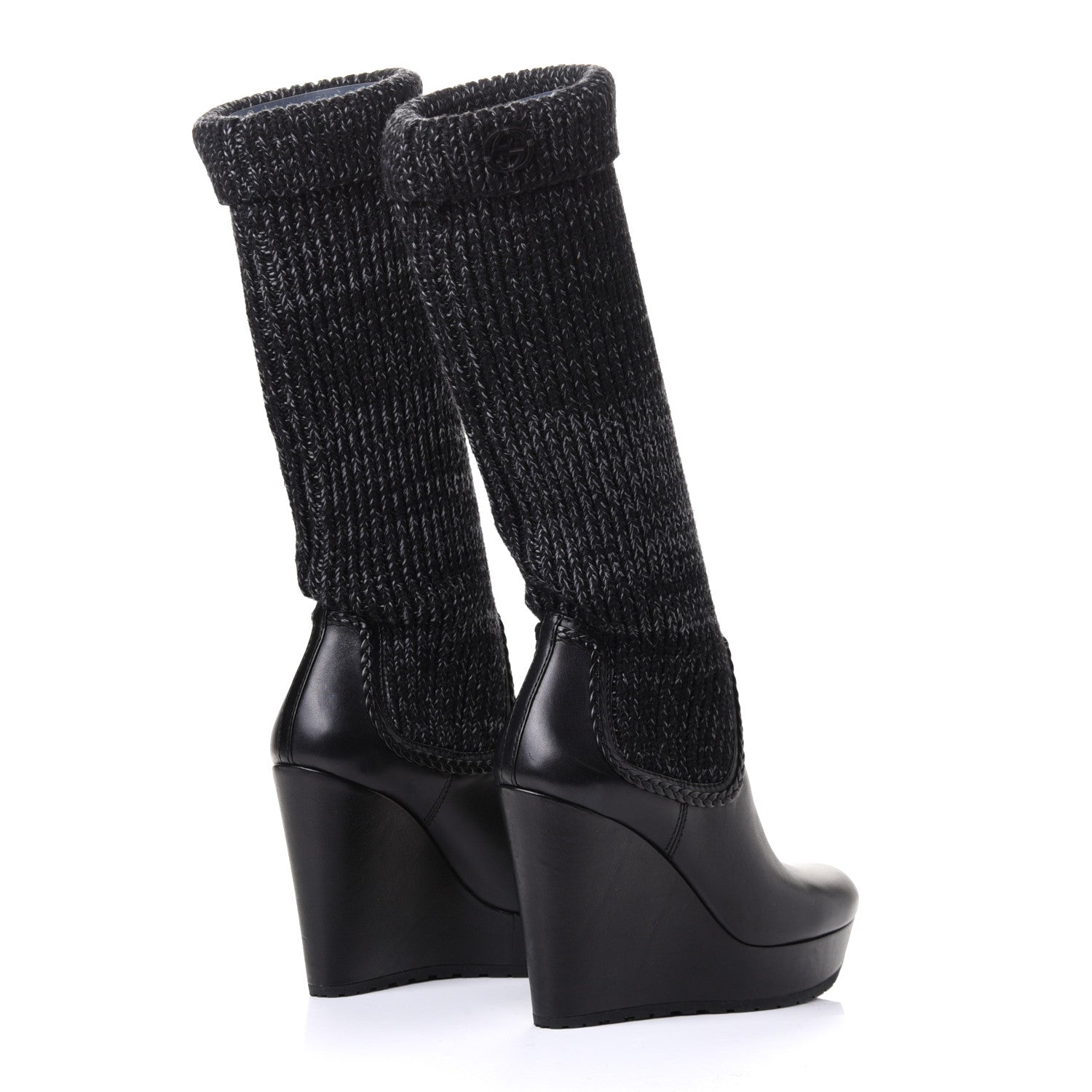 Gucci Wool Calfskin Knee Length Sock Boots 38 Black 6 of 8