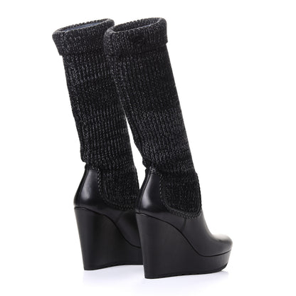 Gucci Wool Calfskin Knee Length Sock Boots 38 Black 6 of 8