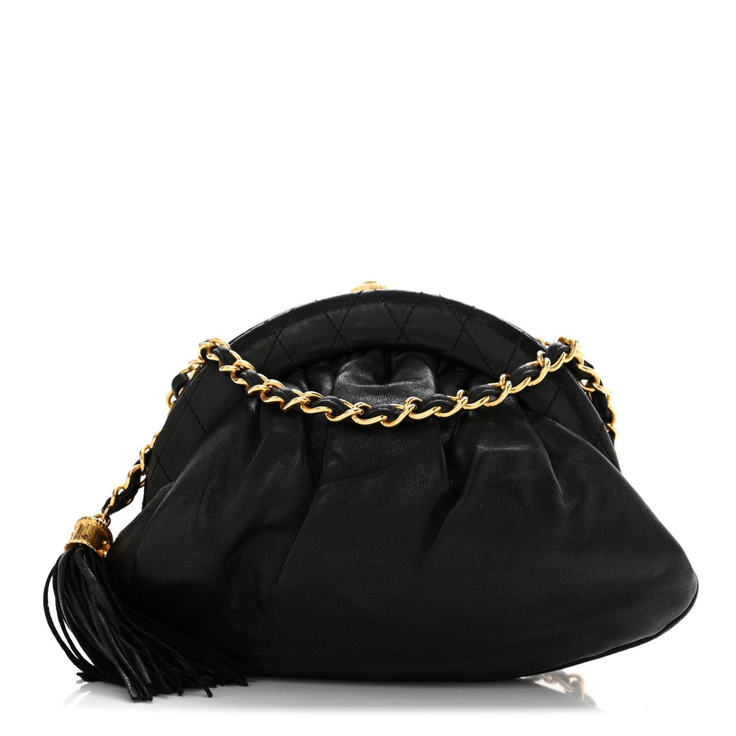 Lambskin Quilted Tassel Kiss Lock Evening Clutch With Chain Black