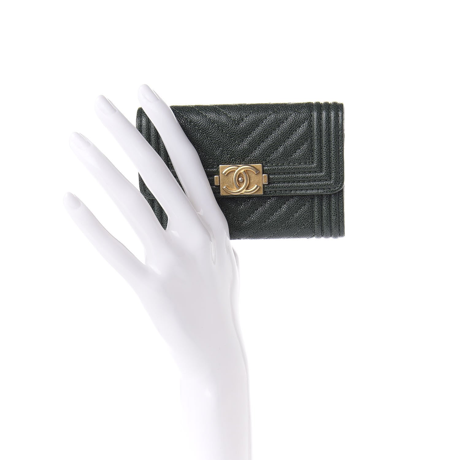 Chanel Metallic Caviar Chevron Quilted Boy Flap Card Holder Green 2 of 8