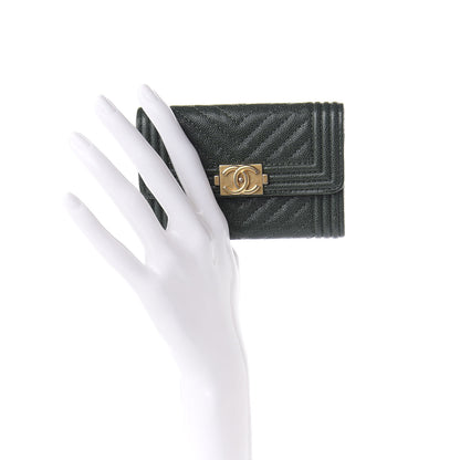 Chanel Metallic Caviar Chevron Quilted Boy Flap Card Holder Green 2 of 8