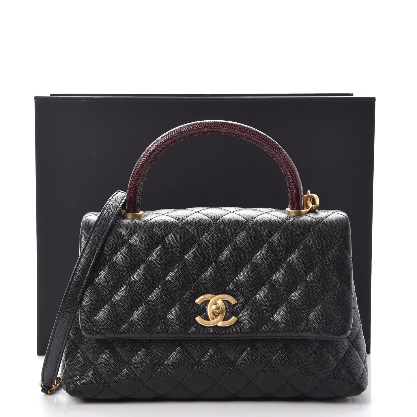 Caviar Lizard Quilted Small Coco Handle Flap Black